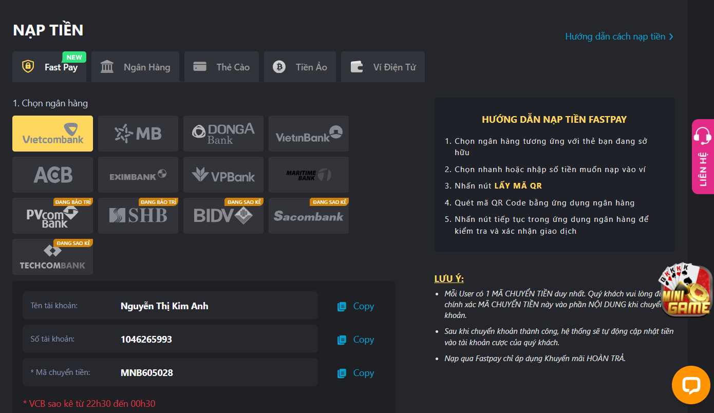 Chuyển tiền vào tài khoản cá cược bằng Fast Pay